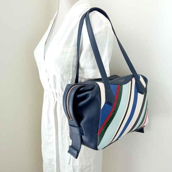 Tory Burch Blue Perry Balloon Stripe Satchel Leather Bag NEW Multicolor - Picture 4 of 16